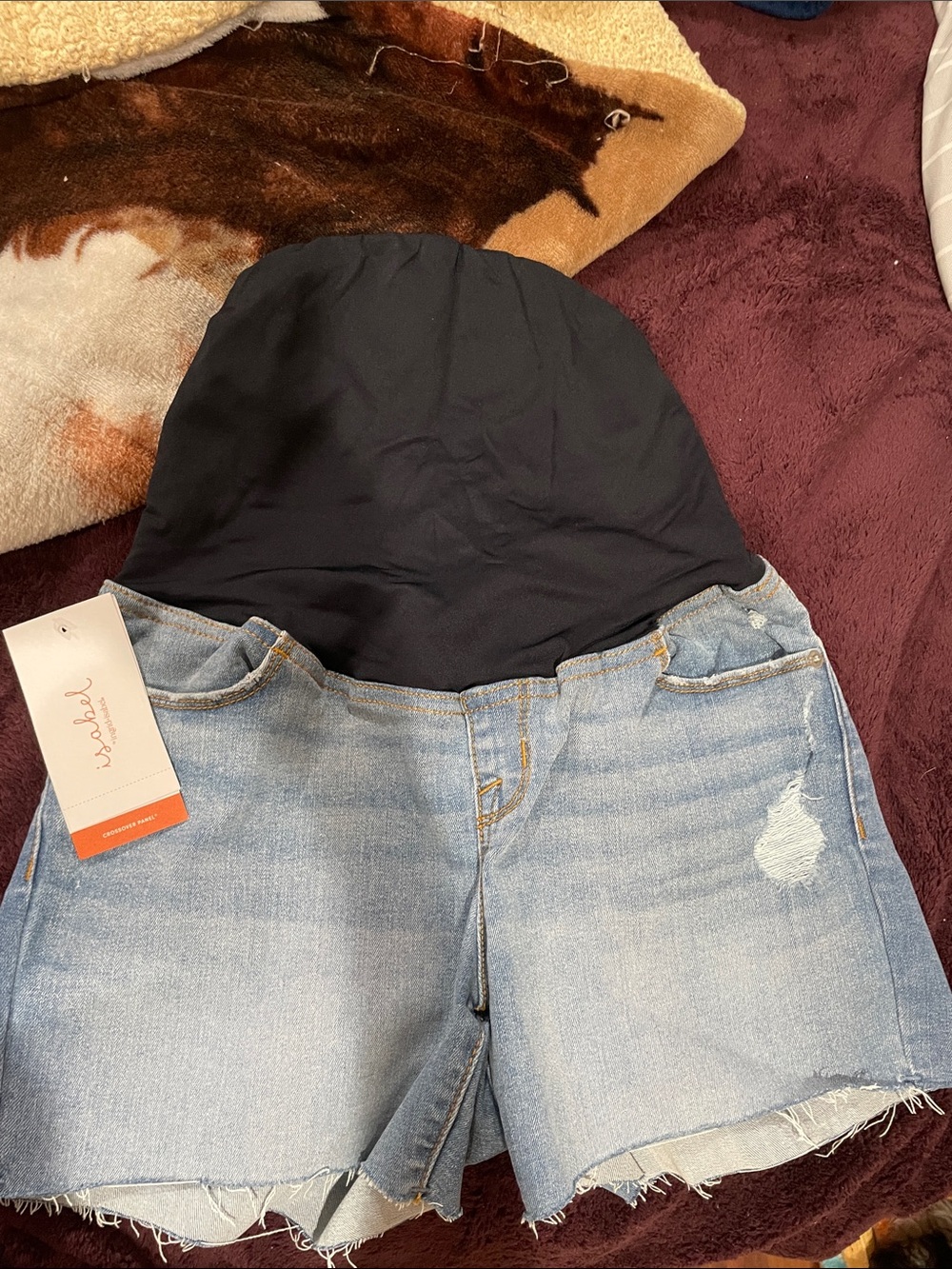 Light Wash Denim Maternity Shorts with Black Stretch Waistband